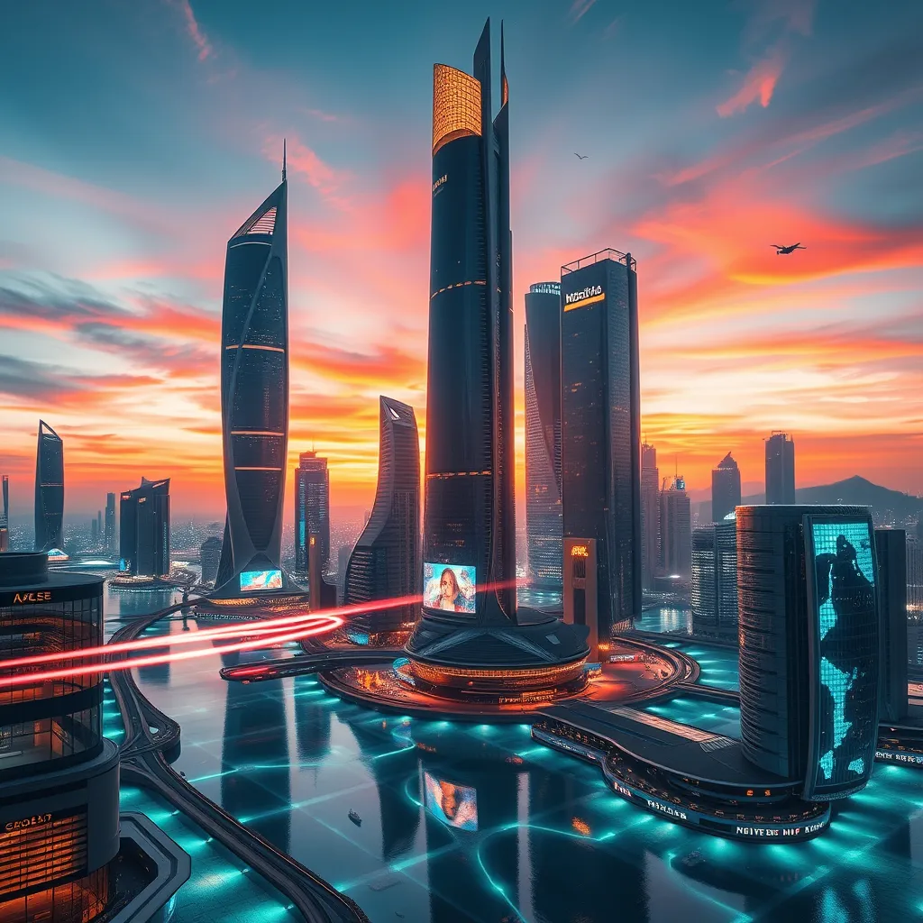 A futuristic cityscape at dusk, with sleek, bioluminescent skyscrapers towering over crystalline waterways. Flying autonomous vehicles zip between buildings, leaving trails of light. Reflecting the vibrant sky above, holographic advertisements shimmer on building facades.