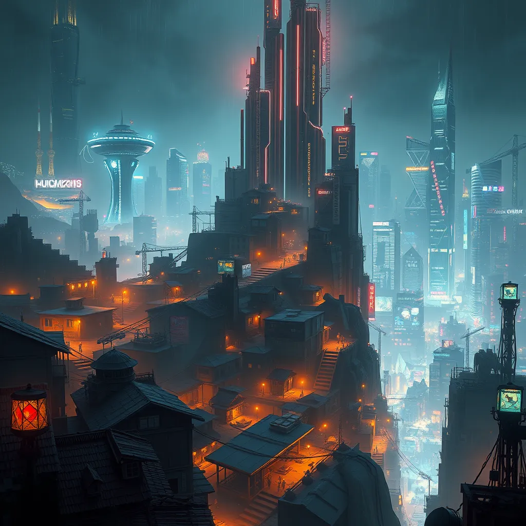 A sprawling shantytown built precariously on the edges of a towering, neon-drenched megacity, the chasm between rich and poor starkly illuminated by flickering streetlights and the glow of advanced technology, digital art