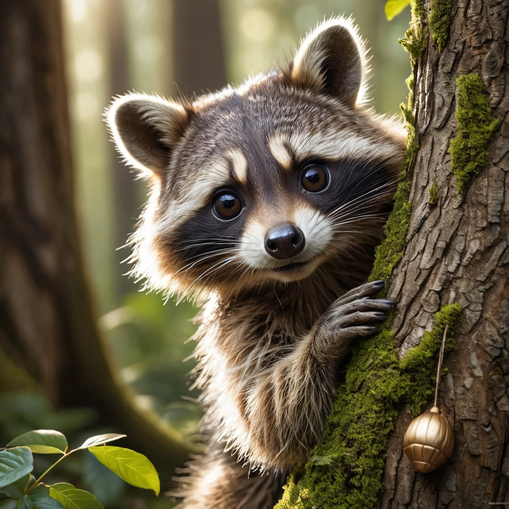 A mischievous raccoon wearing a tiny bandit mask, peeking out from behind a tree with a sparkling acorn in its paw, enchanting forest setting, soft focus