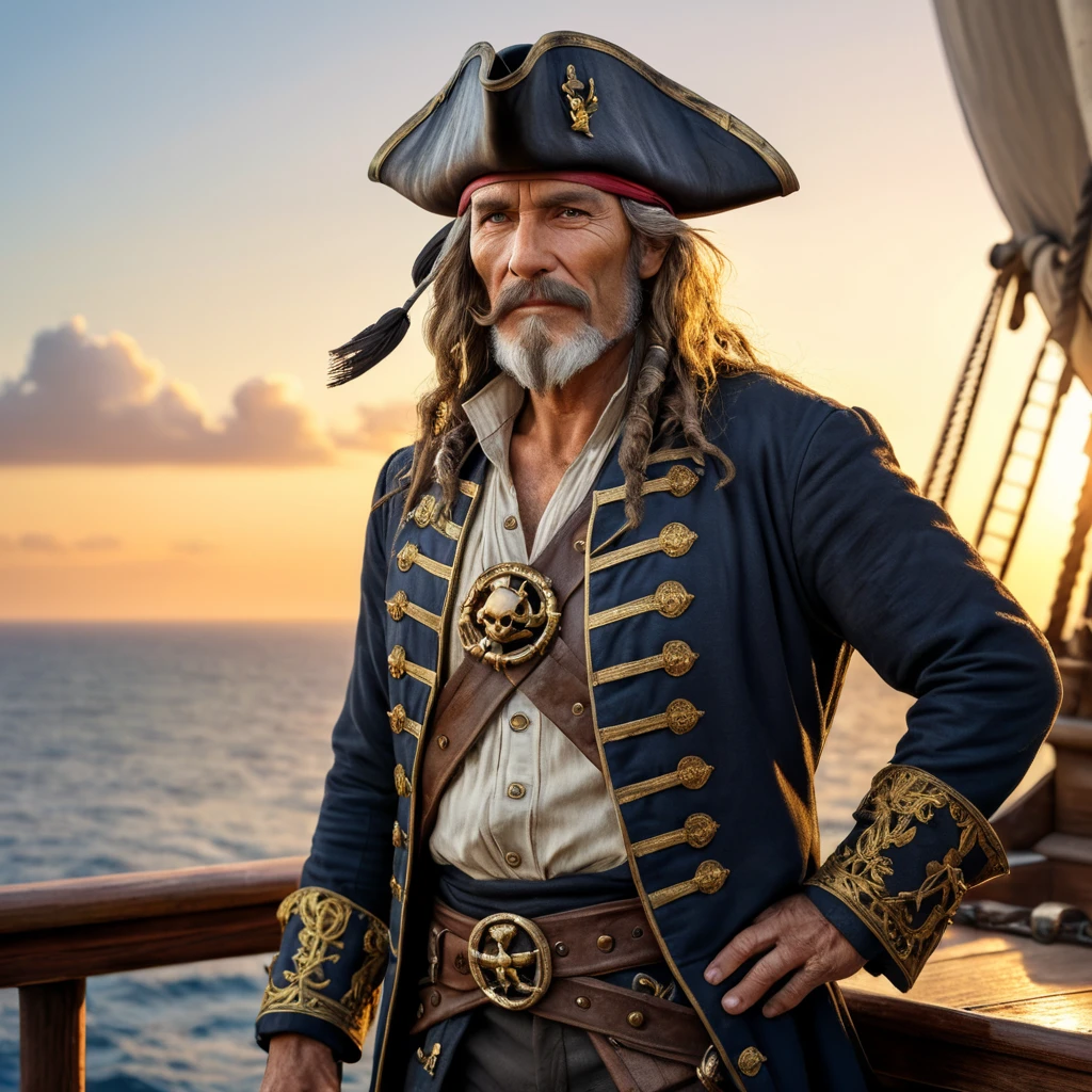 A weathered pirate captain with a gleaming gold tooth, eyepatch, and tricorn hat, standing on the deck of his ship at sunset, rendered in a hyperrealistic style