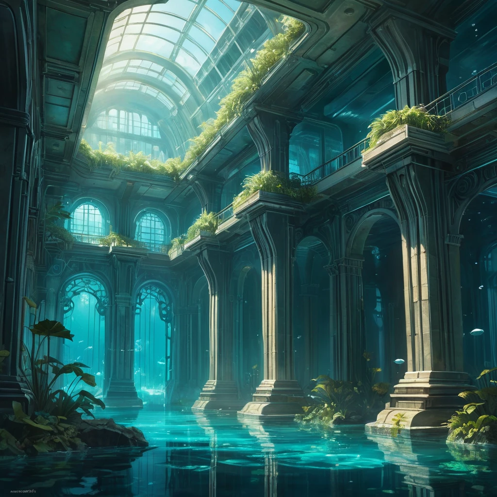 A hauntingly beautiful underwater city, sunlight filtering through the rippling surface above, bioluminescent flora and fauna illuminating the art deco architecture, the faint hum of unseen machinery echoing through the water, ethereal and eerie