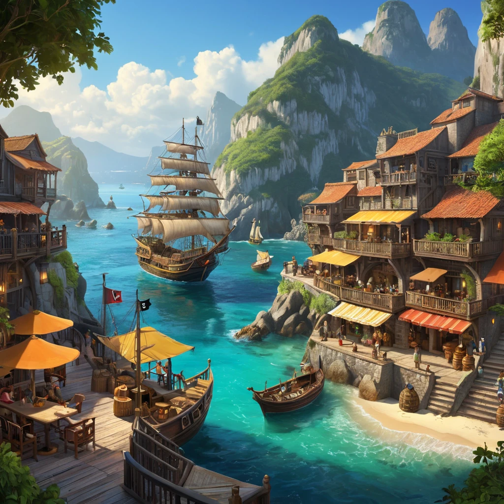 A bustling pirate cove, filled with taverns, ships, and pirates from all walks of life, vibrant colors, lively atmosphere, concept art