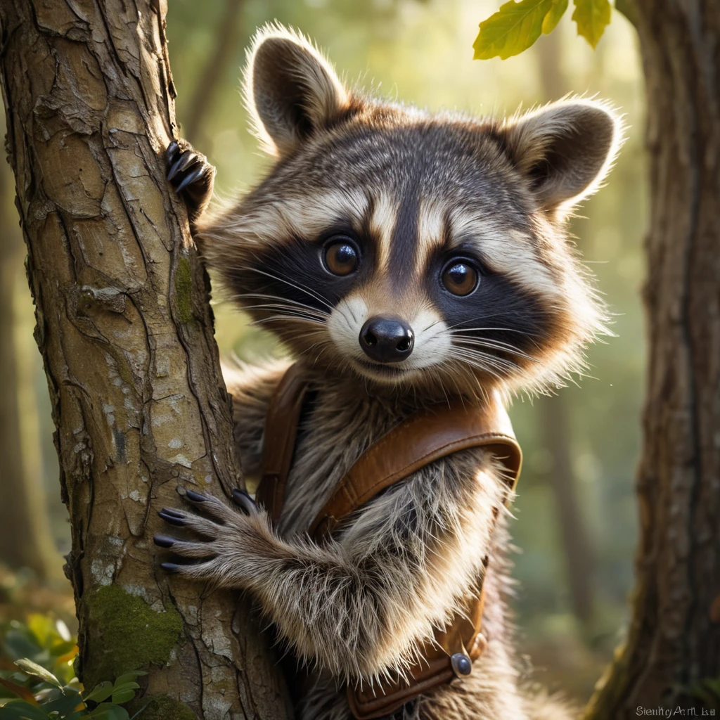 A mischievous raccoon wearing a tiny bandit mask, peeking out from behind a tree with a sparkling acorn in its paw, enchanting forest setting, soft focus