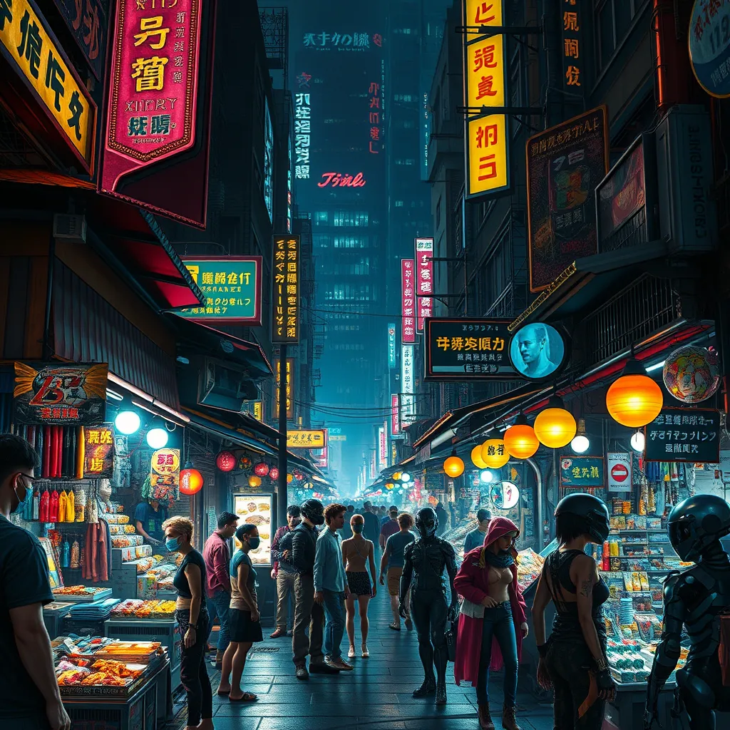 Cyberpunk street market at night, brightly lit stalls selling exotic goods and cybernetic enhancements, a diverse crowd of humans, aliens, and robots haggling over prices, vibrant colors and a sense of energy and excitement, cinematic lighting, detailed environment