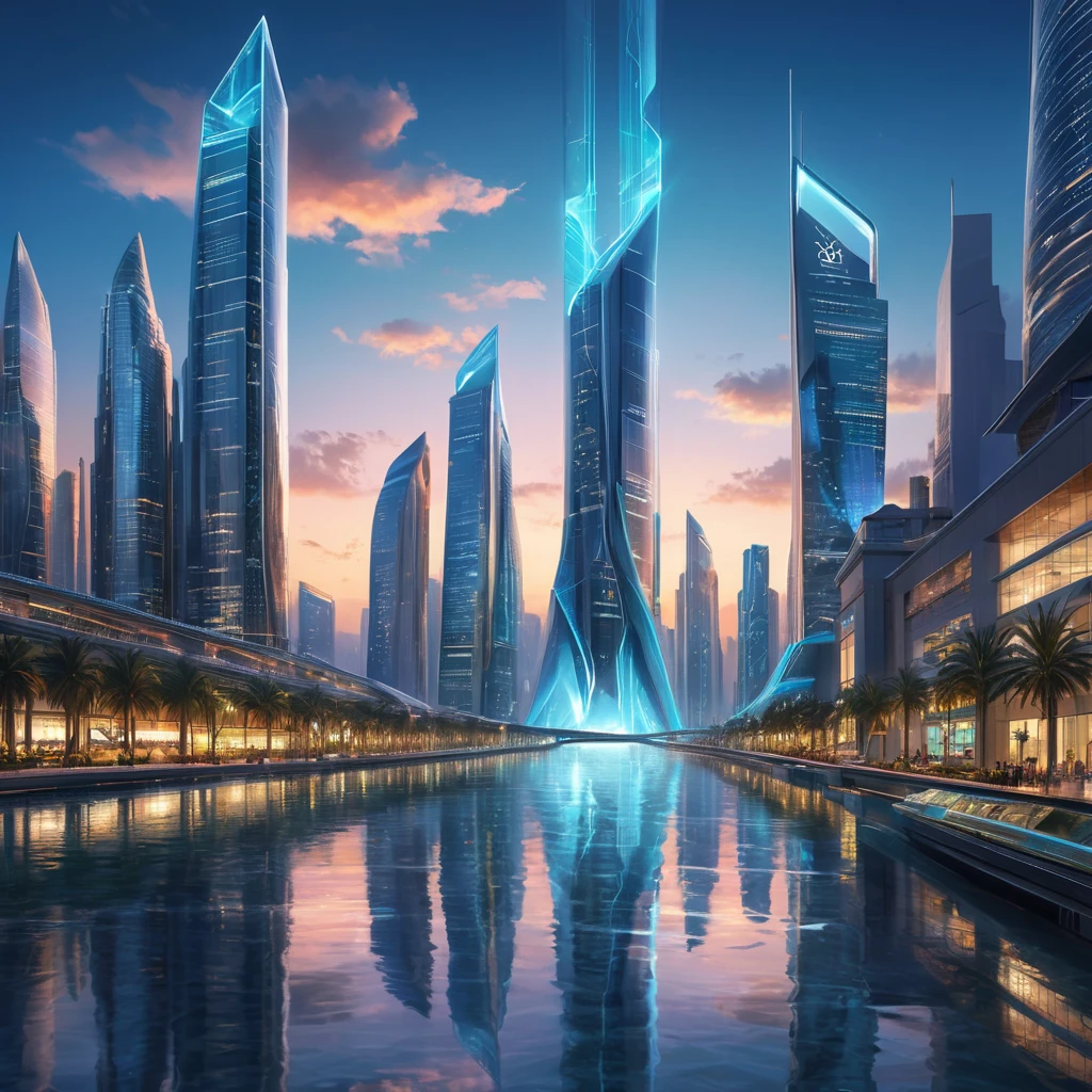 A futuristic cityscape at dusk, with sleek, bioluminescent skyscrapers towering over crystalline waterways. Flying autonomous vehicles zip between buildings, leaving trails of light. Reflecting the vibrant sky above, holographic advertisements shimmer on building facades.