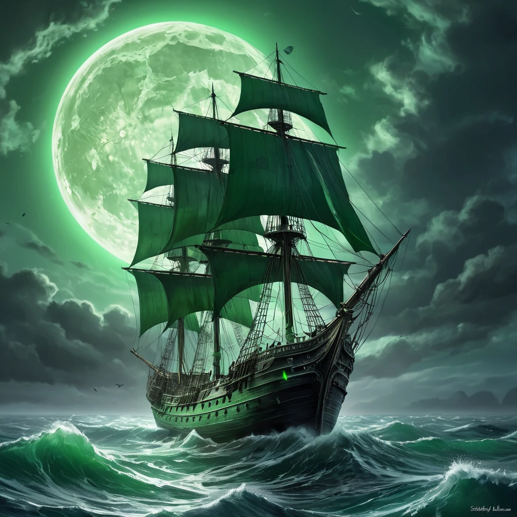 A ghost ship, sails tattered and glowing with eerie green light, sailing through a stormy sea under a crescent moon, digital art, fantasy, ominous