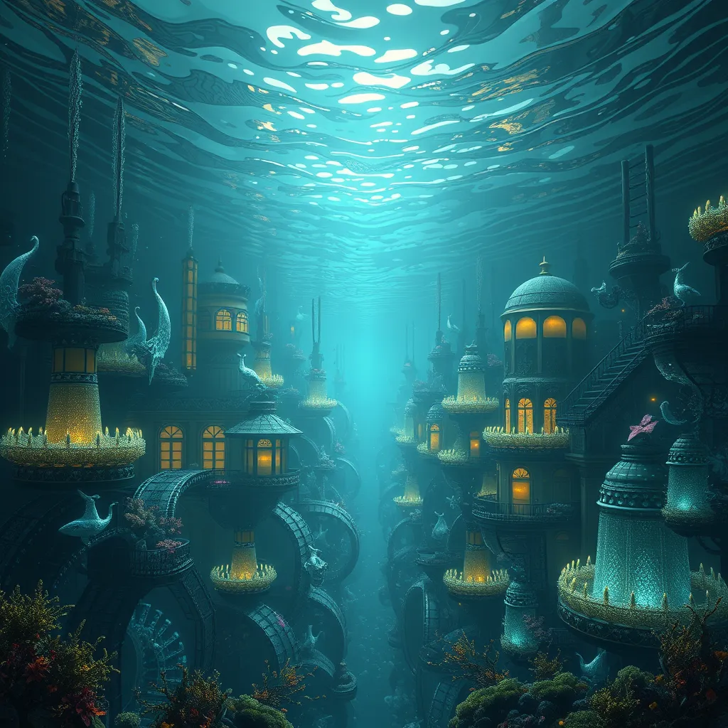 A hauntingly beautiful underwater city, sunlight filtering through the rippling surface above, bioluminescent flora and fauna illuminating the art deco architecture, the faint hum of unseen machinery echoing through the water, ethereal and eerie