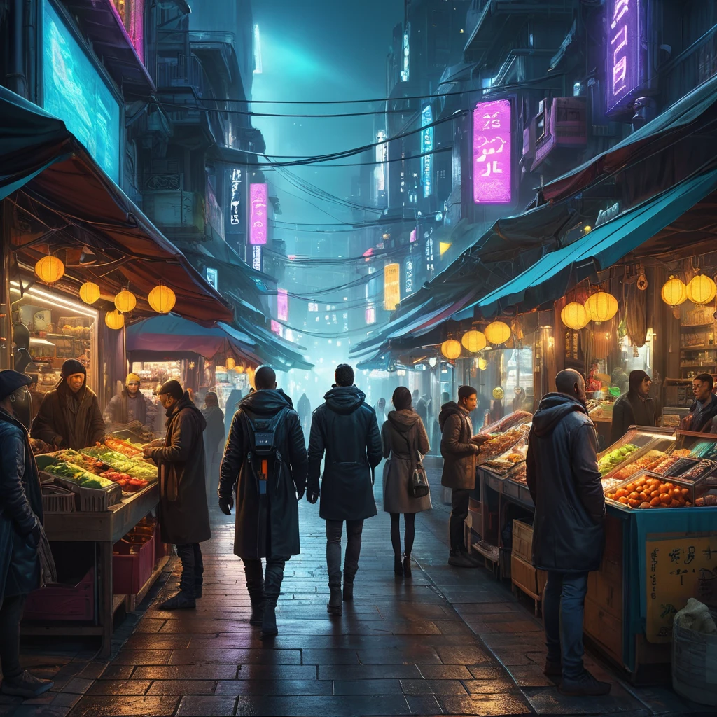 Cyberpunk street market at night, brightly lit stalls selling exotic goods and cybernetic enhancements, a diverse crowd of humans, aliens, and robots haggling over prices, vibrant colors and a sense of energy and excitement, cinematic lighting, detailed environment