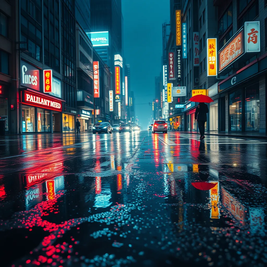 Cyberpunk street after the rain, reflections of neon lights on the wet pavement, puddles acting like mirrors to the city above, a lone figure walking away with a red umbrella, a sense of melancholy and beauty, cinematic composition, hyperrealistic