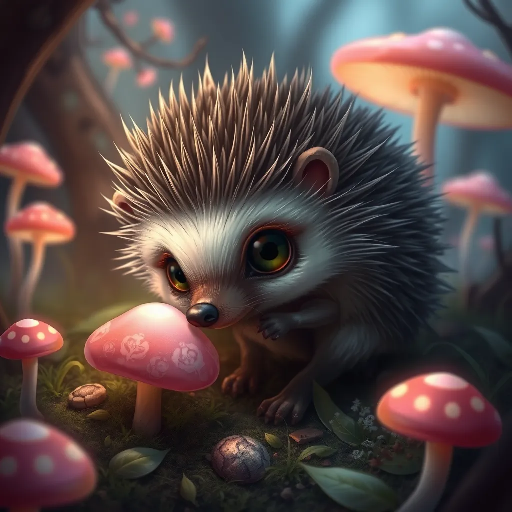 A tiny hedgehog with big eyes and a curious expression, sniffing a pink mushroom in a magical forest, fantasy art, glowing mushrooms