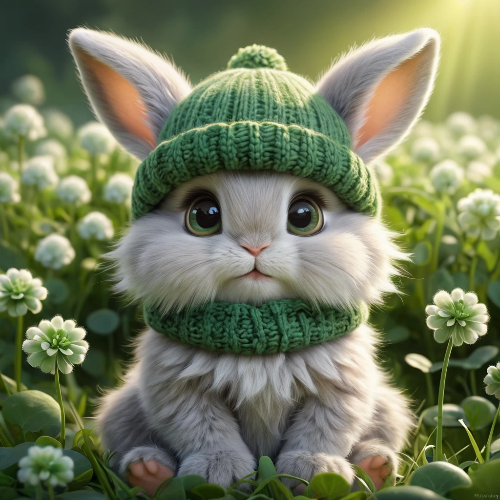 A fluffy baby bunny with big eyes, wearing a tiny knitted hat, sitting in a field of clovers, soft lighting, adorable, cute, pixar style