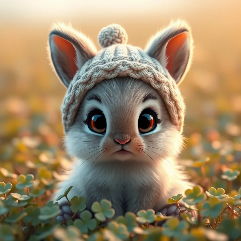 A fluffy baby bunny with big eyes, wearing a tiny knitted hat, sitting in a field of clovers, soft lighting, adorable, cute, pixar style