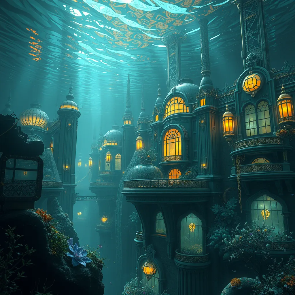 A hauntingly beautiful underwater city, sunlight filtering through the rippling surface above, bioluminescent flora and fauna illuminating the art deco architecture, the faint hum of unseen machinery echoing through the water, ethereal and eerie