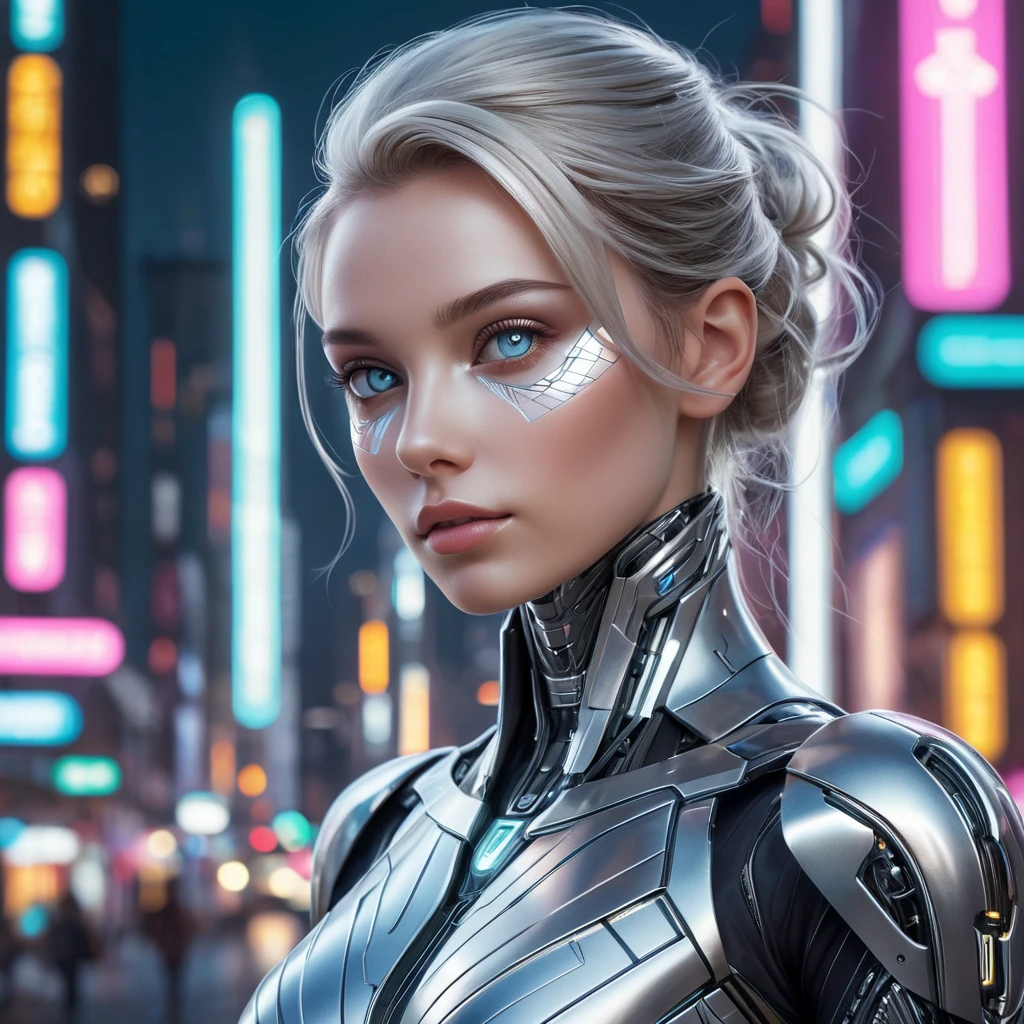 An ethereal android with luminous silver skin, geometric patterns of light pulsing beneath her surface, her eyes glowing with artificial intelligence, set against a backdrop of a futuristic neon cityscape, cyberpunk art, hyperrealistic