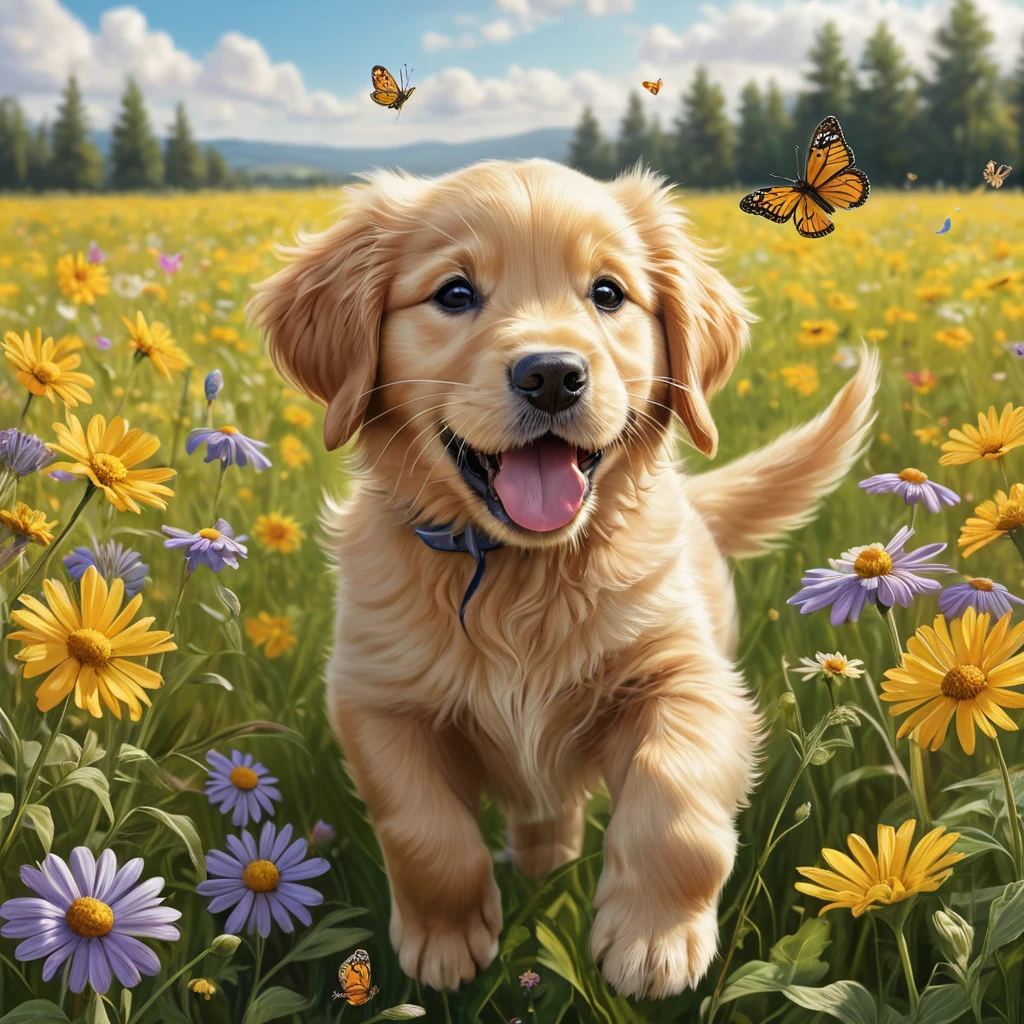 A playful golden retriever puppy with its tongue out, chasing butterflies in a field of wildflowers, whimsical, storybook illustration