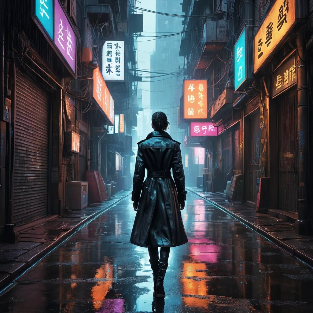 Deserted alleyway in a dystopian cyberpunk city, rain slick streets reflecting neon signs, steam rising from grates, flickering holographic advertisements, a lone figure silhouetted in the distance, a sense of loneliness and urban decay, cyberpunk art, dark and atmospheric