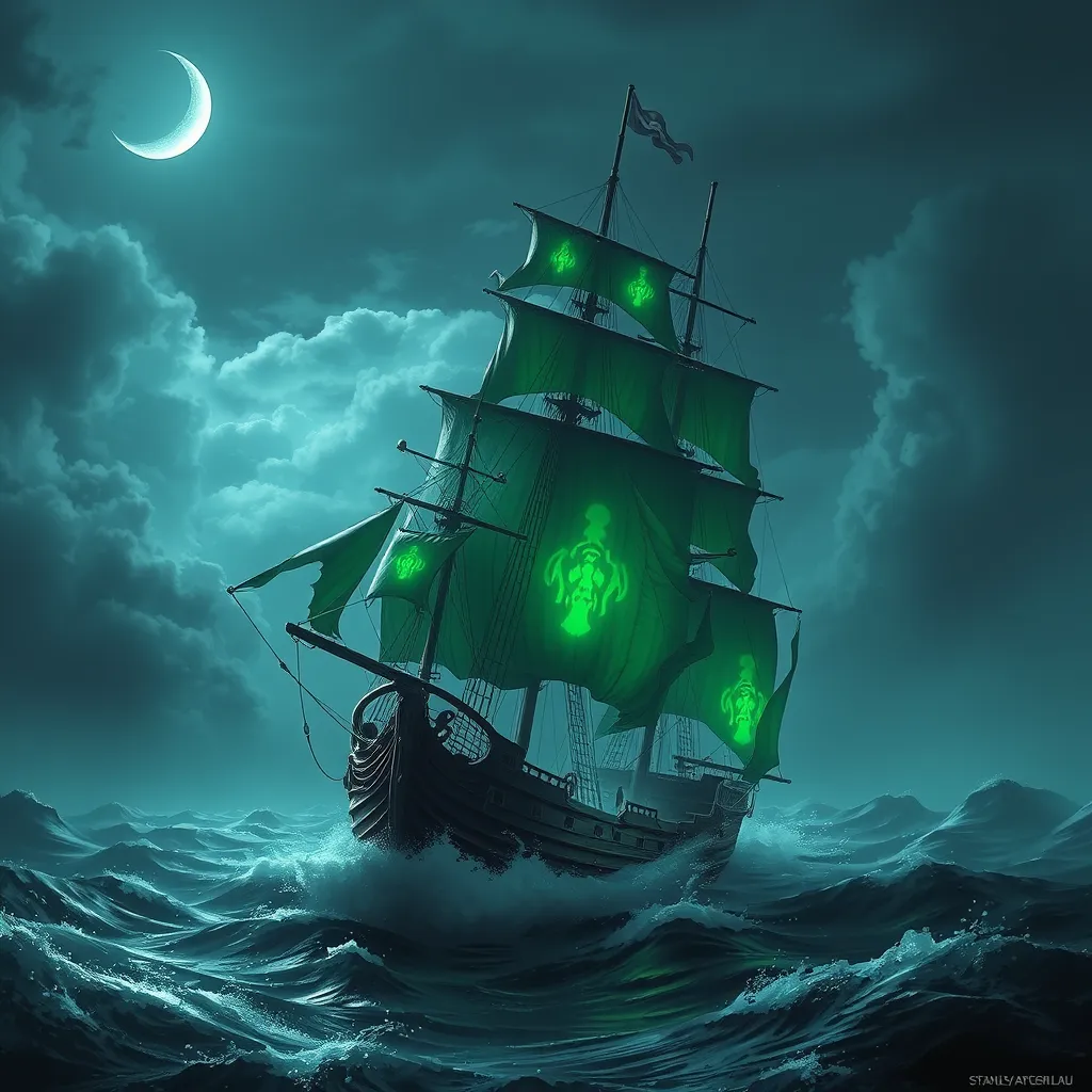 A ghost ship, sails tattered and glowing with eerie green light, sailing through a stormy sea under a crescent moon, digital art, fantasy, ominous