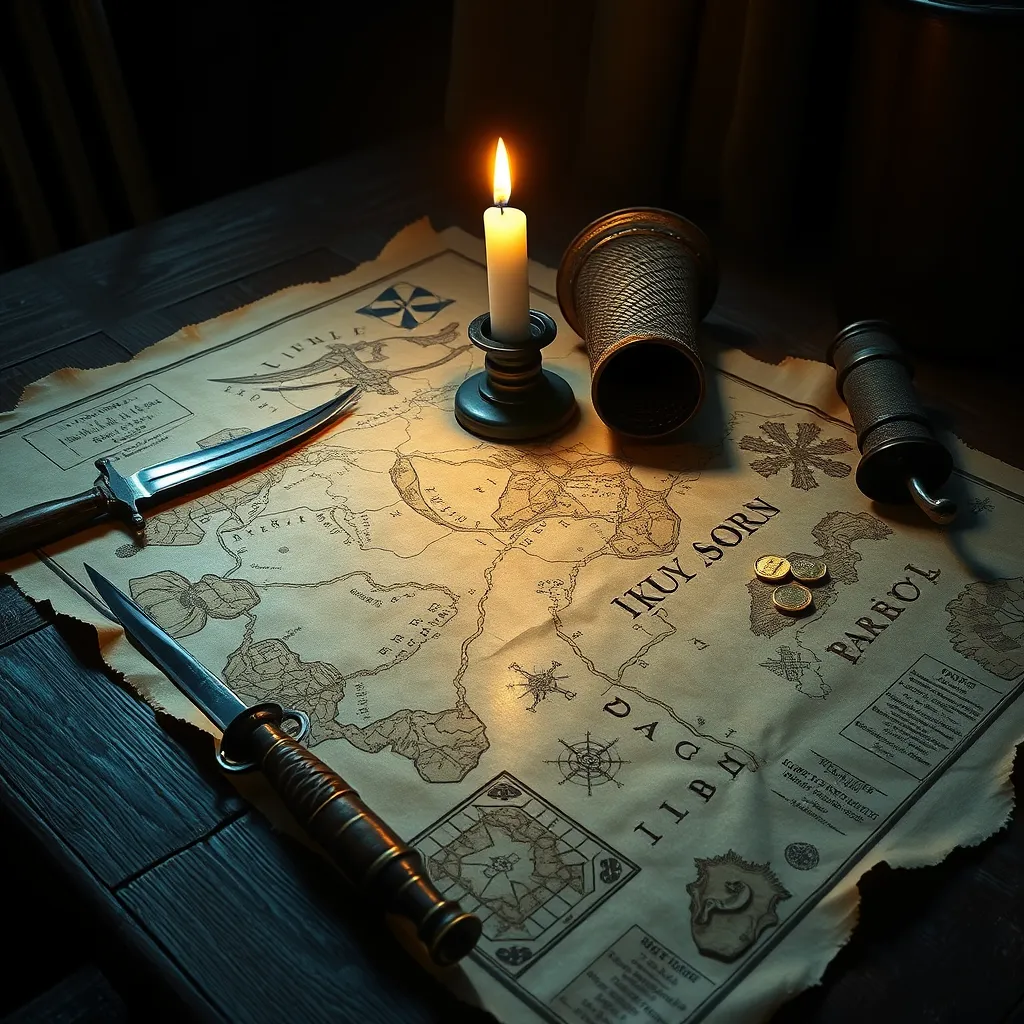 A treasure map spread out on a table lit by a single flickering candle, surrounded by pirate paraphernalia - cutlass, compass, spyglass, and gold coins, highly detailed, realistic