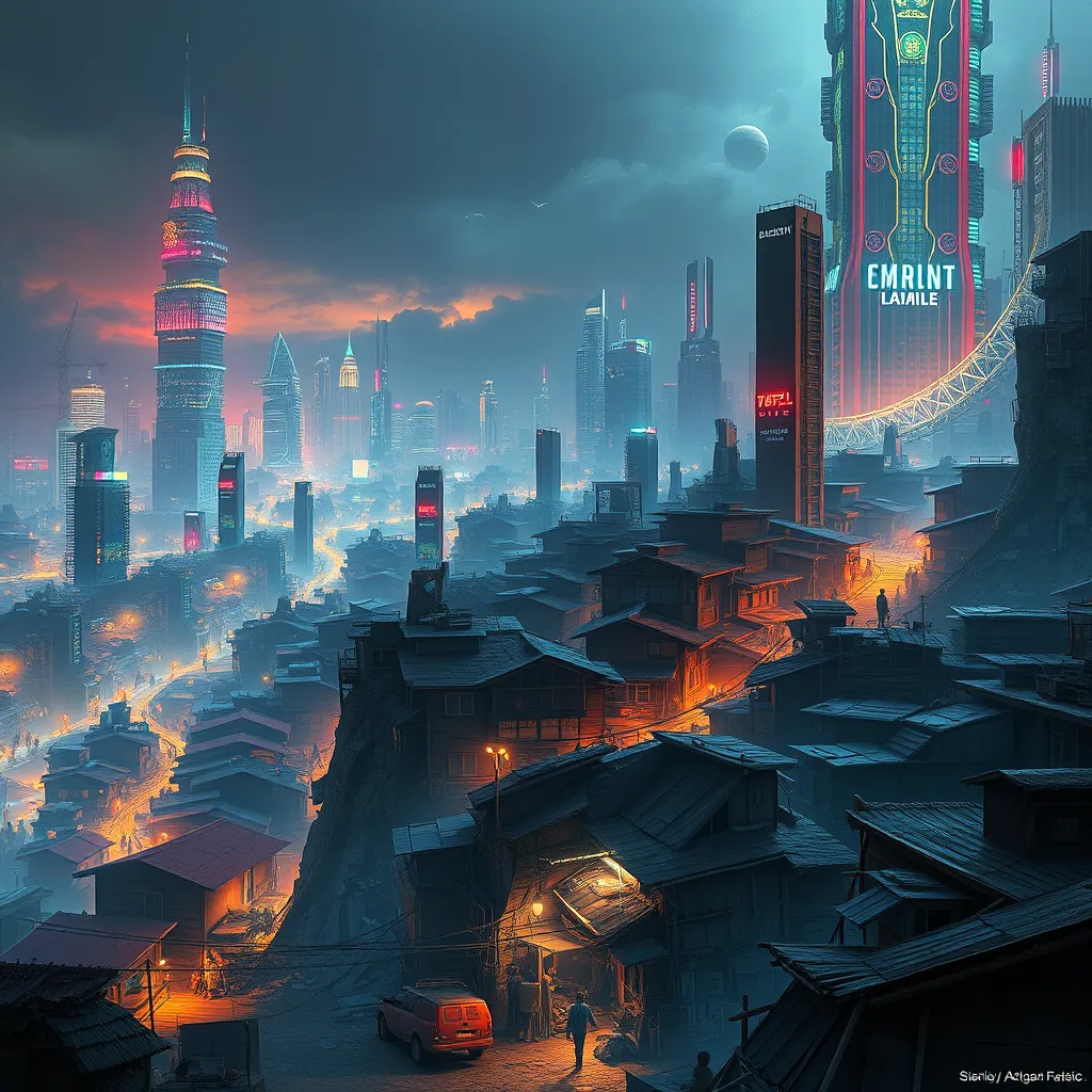 A sprawling shantytown built precariously on the edges of a towering, neon-drenched megacity, the chasm between rich and poor starkly illuminated by flickering streetlights and the glow of advanced technology, digital art