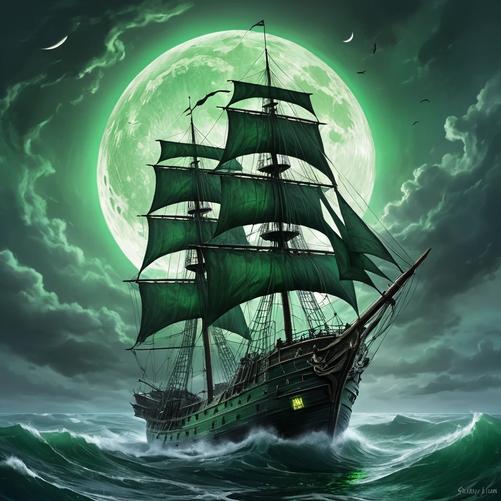 A ghost ship, sails tattered and glowing with eerie green light, sailing through a stormy sea under a crescent moon, digital art, fantasy, ominous