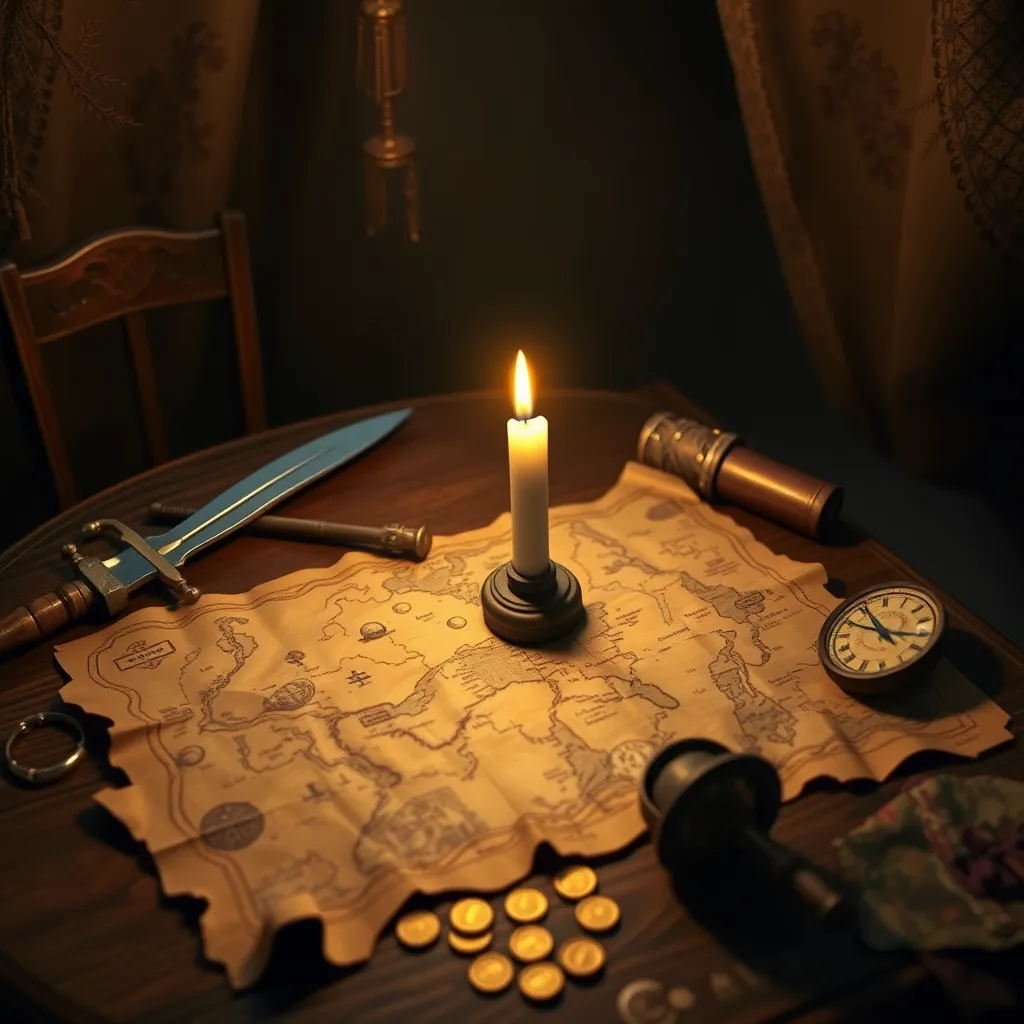 A treasure map spread out on a table lit by a single flickering candle, surrounded by pirate paraphernalia - cutlass, compass, spyglass, and gold coins, highly detailed, realistic