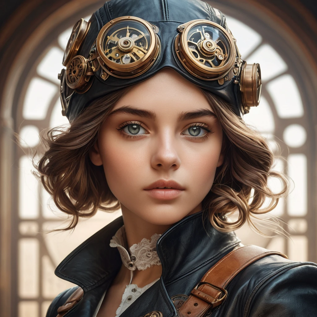 A portrait of a young woman with intricate clockwork gears embedded in her skin, her eyes glowing with a soft, ethereal light. She wears a leather aviator hat and goggles, her expression a mix of curiosity and determination. Steampunk aesthetic, highly detailed, vintage photography style.