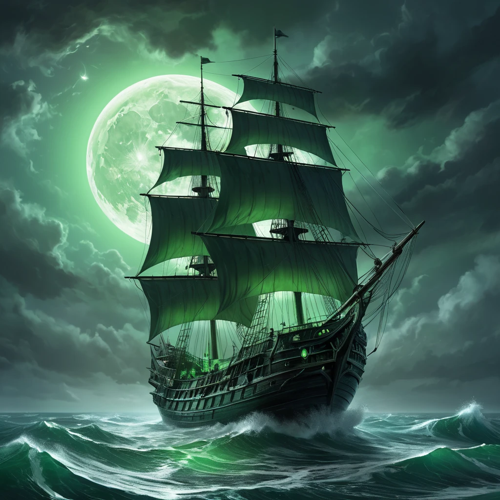 A ghost ship, sails tattered and glowing with eerie green light, sailing through a stormy sea under a crescent moon, digital art, fantasy, ominous