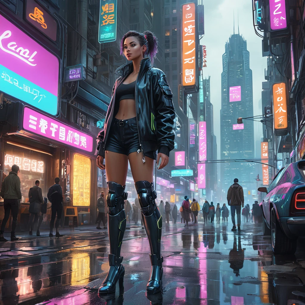 A cyberpunk street bustling with life, neon signs reflecting off puddles, flying vehicles zipping through towering skyscrapers, crowds of people with augmented limbs and holographic projections, a sense of gritty realism and vibrant chaos, trending on artstation, intricate details