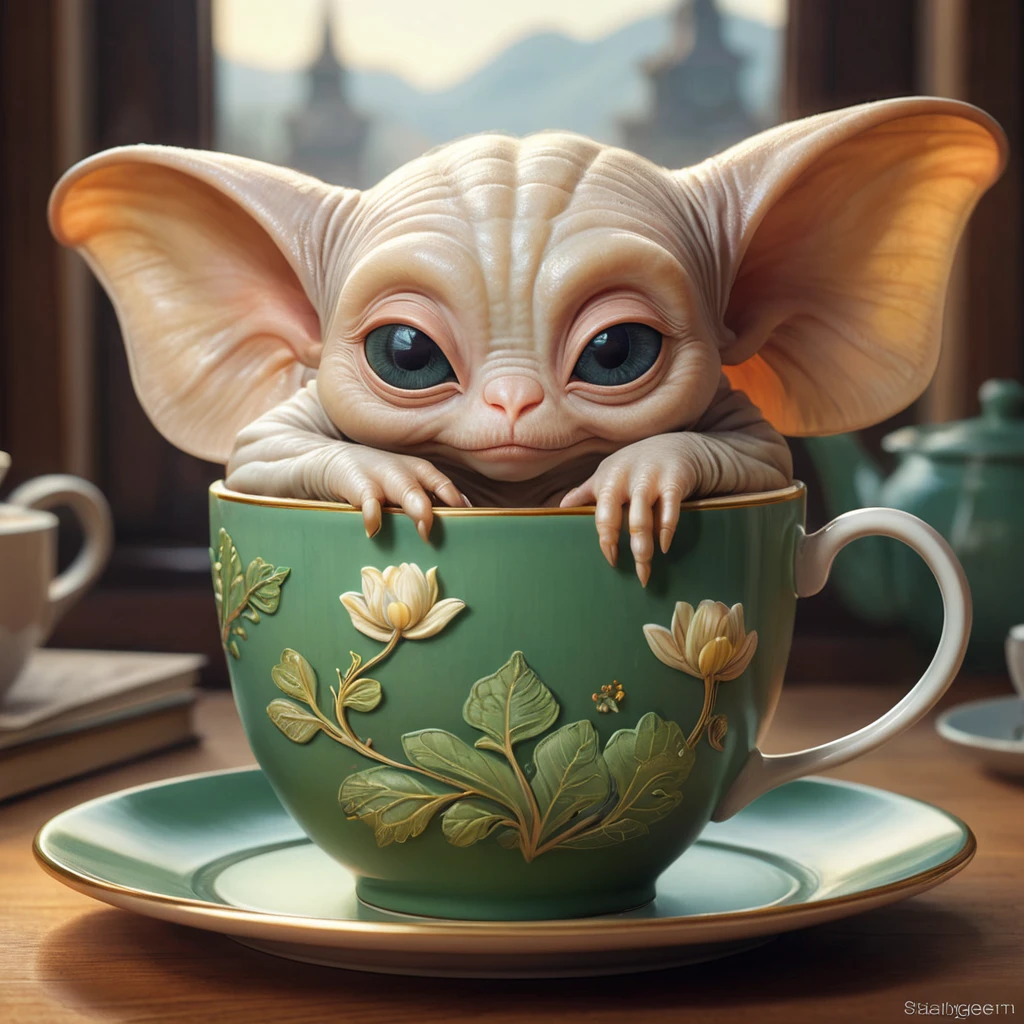 A sleepy alien with big, droopy ears curled up inside a cup of tea, cozy, warm colors, storybook illustration