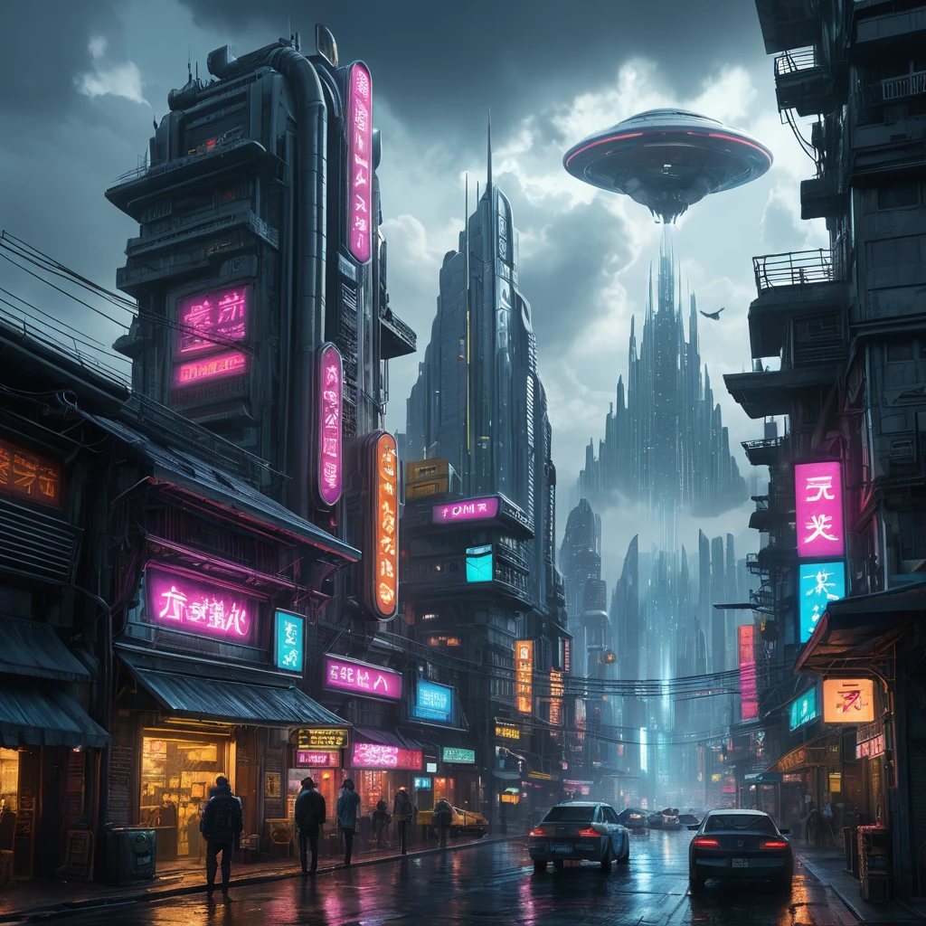 A cyberpunk cityscape on a distant planet, illuminated by neon signs in an alien language, with flying vehicles weaving between towering skyscrapers that pierce the cloudy atmosphere, rendered in a gritty, hyperrealistic style.