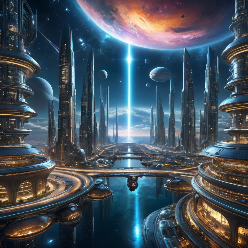 A breathtaking panoramic vista of a colossal, self-sufficient, cylindrical space metropolis, bathed in the ethereal glow of a nearby nebula, with intricate, bioluminescent, architectural marvels, bustling spaceports, and a network of shimmering, interconnecting transit tubes.