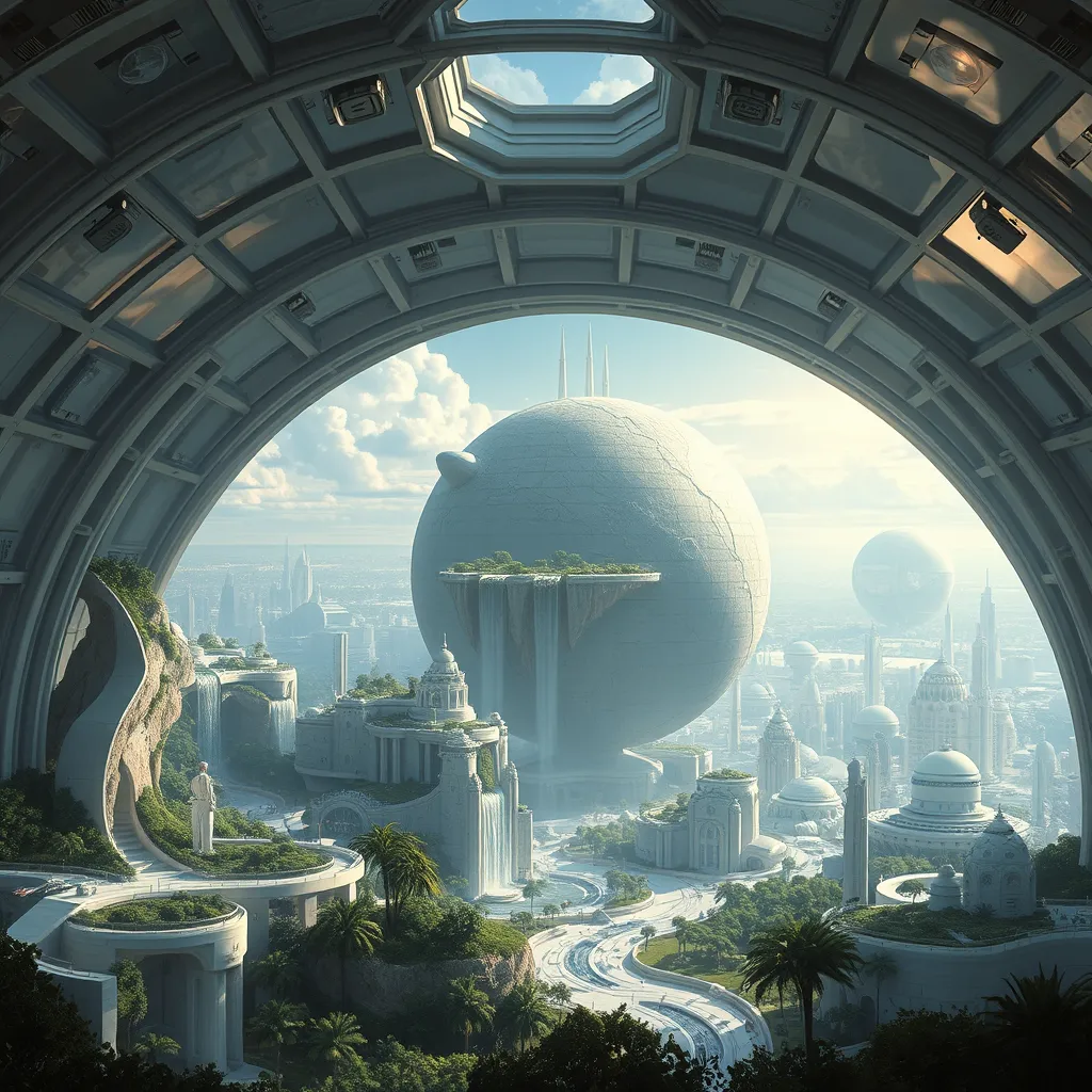 Inside a vast, crystalline dome, a utopian city thrives on a terraformed asteroid, featuring verdant parks, crystalline waterfalls cascading from floating islands, and sleek, white, futuristic architecture, all bathed in the soft, golden light of an artificial sun.