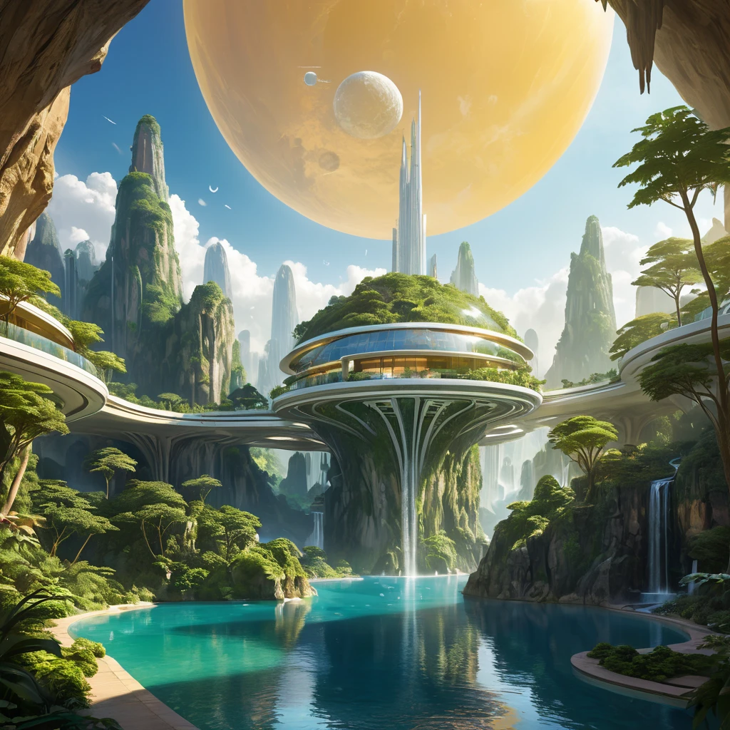 Inside a vast, crystalline dome, a utopian city thrives on a terraformed asteroid, featuring verdant parks, crystalline waterfalls cascading from floating islands, and sleek, white, futuristic architecture, all bathed in the soft, golden light of an artificial sun.