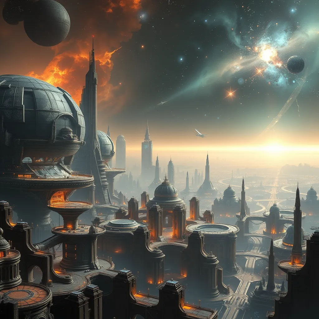 A breathtaking panoramic vista of a colossal, self-sufficient, cylindrical space metropolis, bathed in the ethereal glow of a nearby nebula, with intricate, bioluminescent, architectural marvels, bustling spaceports, and a network of shimmering, interconnecting transit tubes.