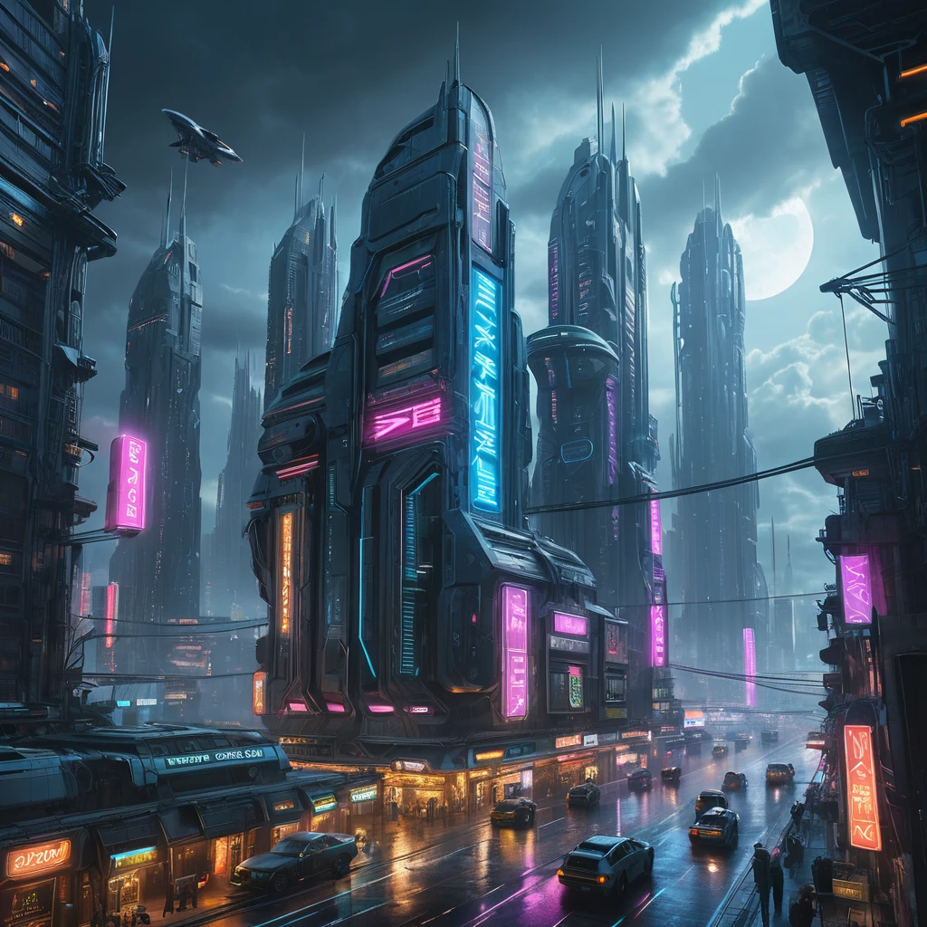 A cyberpunk cityscape on a distant planet, illuminated by neon signs in an alien language, with flying vehicles weaving between towering skyscrapers that pierce the cloudy atmosphere, rendered in a gritty, hyperrealistic style.