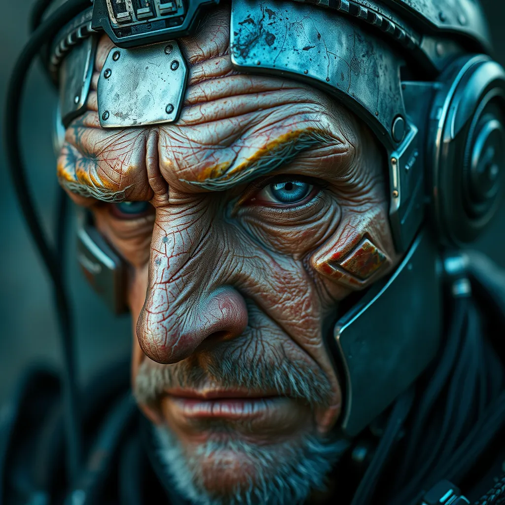 Close-up portrait of a weathered, grizzled cyborg, their face a patchwork of human skin and metallic plating, a single, piercing blue eye radiating wisdom and quiet power.