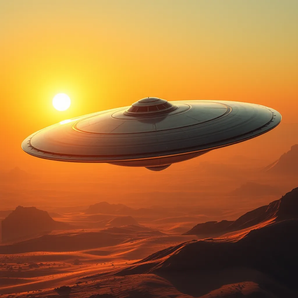 A sleek, chrome, disc-shaped spacecraft of unknown origin, hovering silently over a barren desert landscape, its surface reflecting the setting sun in a blinding flash.