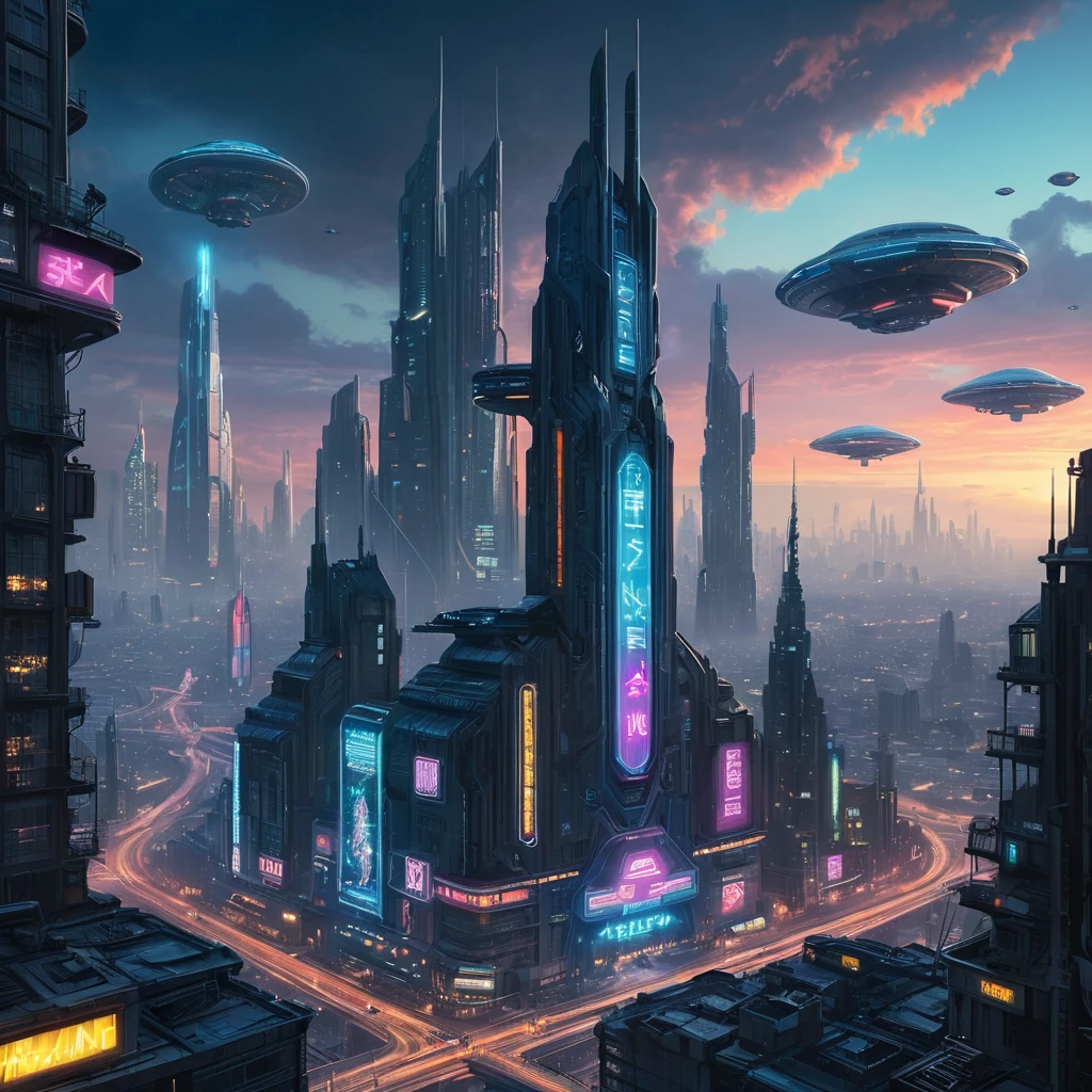 A cyberpunk cityscape on a distant planet, illuminated by neon signs in an alien language, with flying vehicles weaving between towering skyscrapers that pierce the cloudy atmosphere, rendered in a gritty, hyperrealistic style.