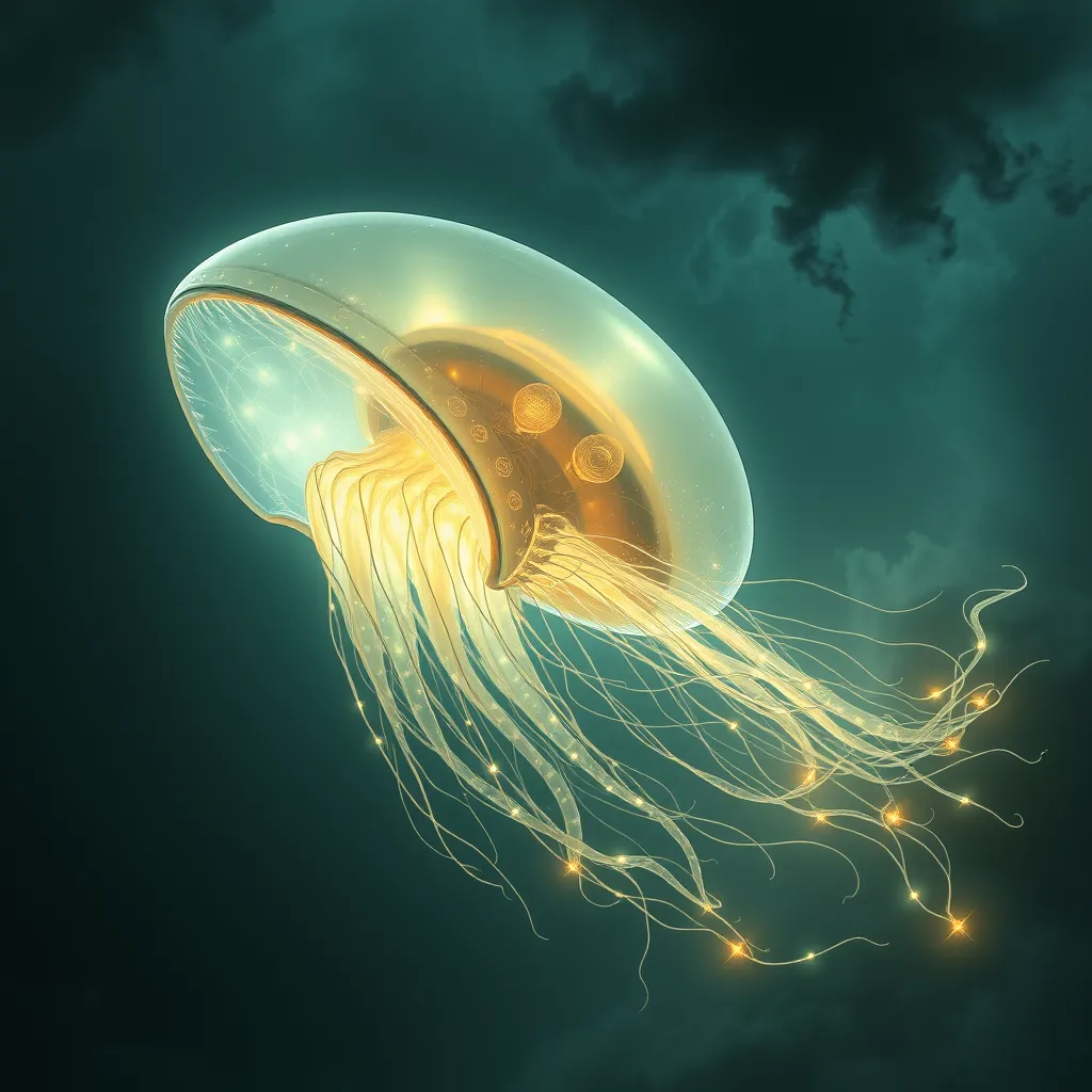 An immense, bioluminescent, jellyfish-like alien spacecraft, its translucent bell shimmering with ethereal light, trailing long, glowing tendrils as it navigates through a swirling nebula.