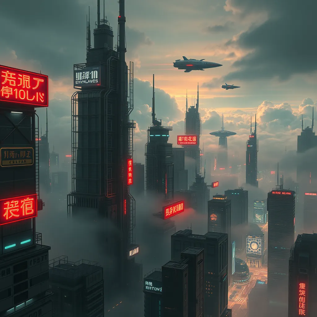 A cyberpunk cityscape on a distant planet, illuminated by neon signs in an alien language, with flying vehicles weaving between towering skyscrapers that pierce the cloudy atmosphere, rendered in a gritty, hyperrealistic style.