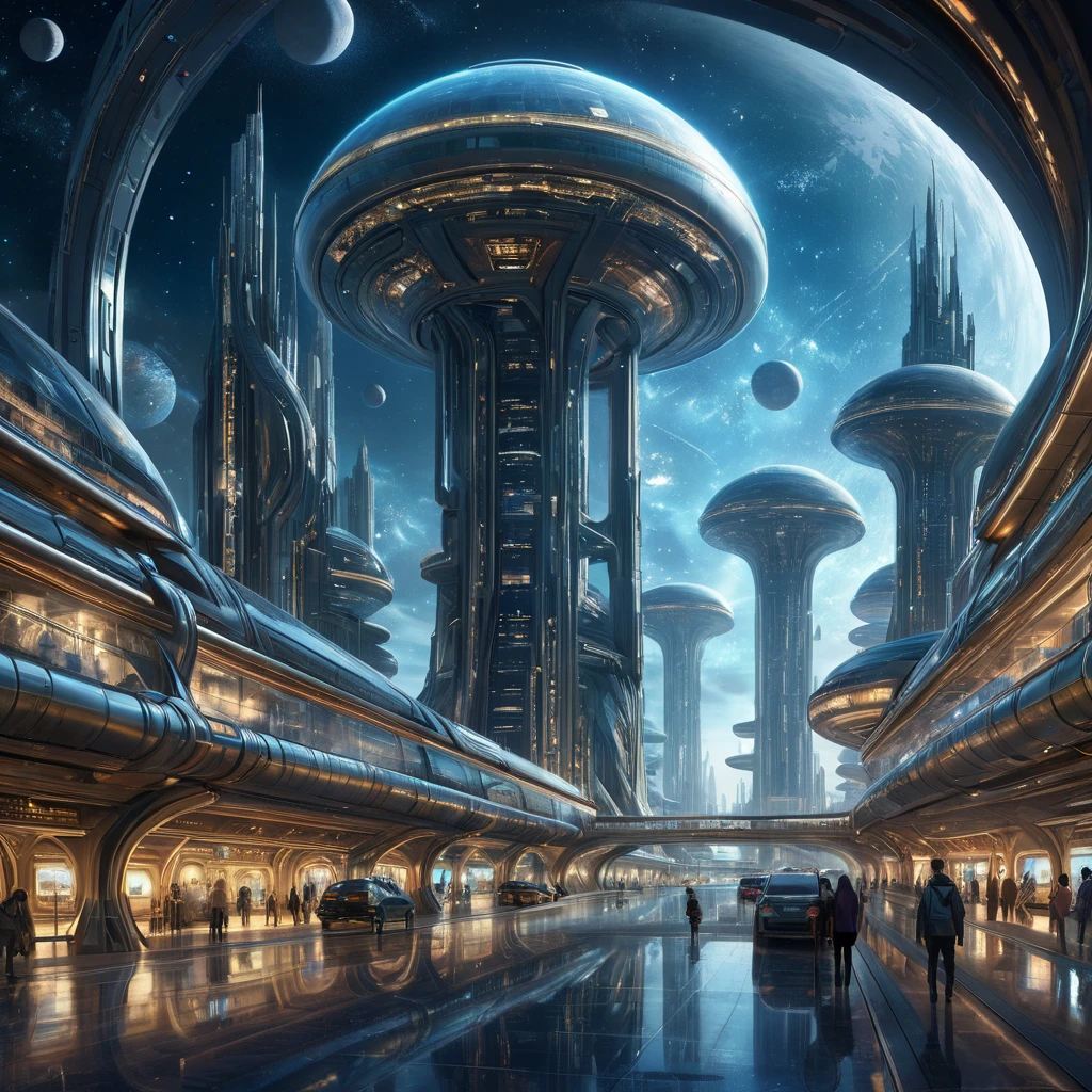 A breathtaking panoramic vista of a colossal, self-sufficient, cylindrical space metropolis, bathed in the ethereal glow of a nearby nebula, with intricate, bioluminescent, architectural marvels, bustling spaceports, and a network of shimmering, interconnecting transit tubes.