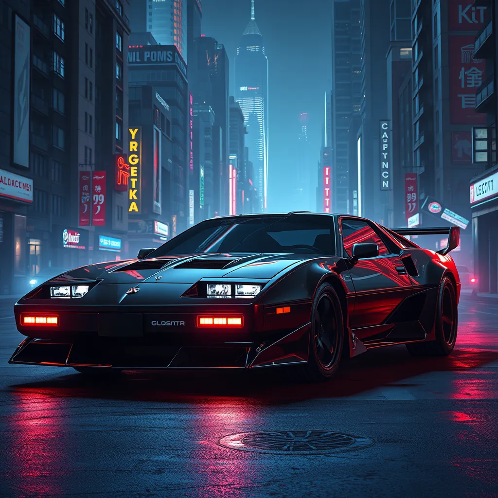 Futuristic KITT from Knight Rider in a cyberpunk city at night, an advanced, artificially intelligent, self-aware, and nearly indestructible car