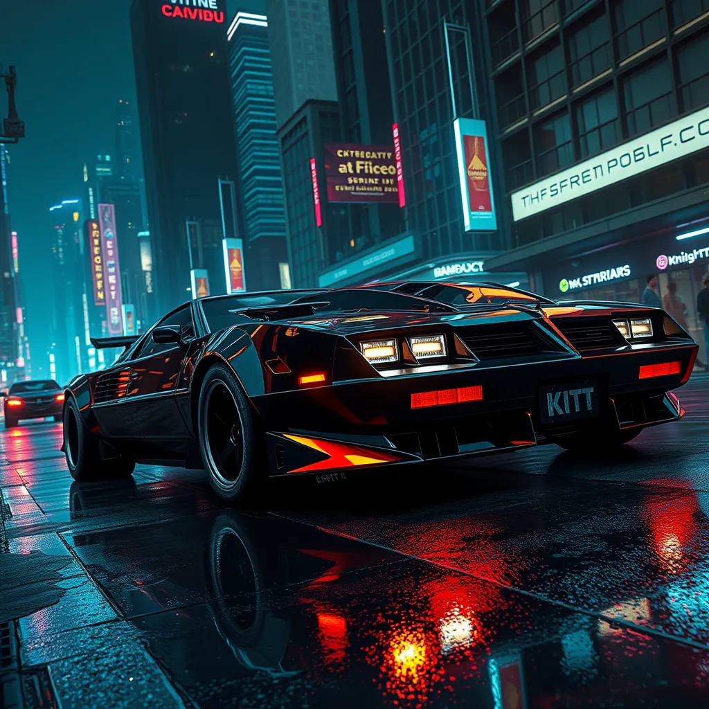 Futuristic KITT from Knight Rider in a cyberpunk city at night, an advanced, artificially intelligent, self-aware, and nearly indestructible car