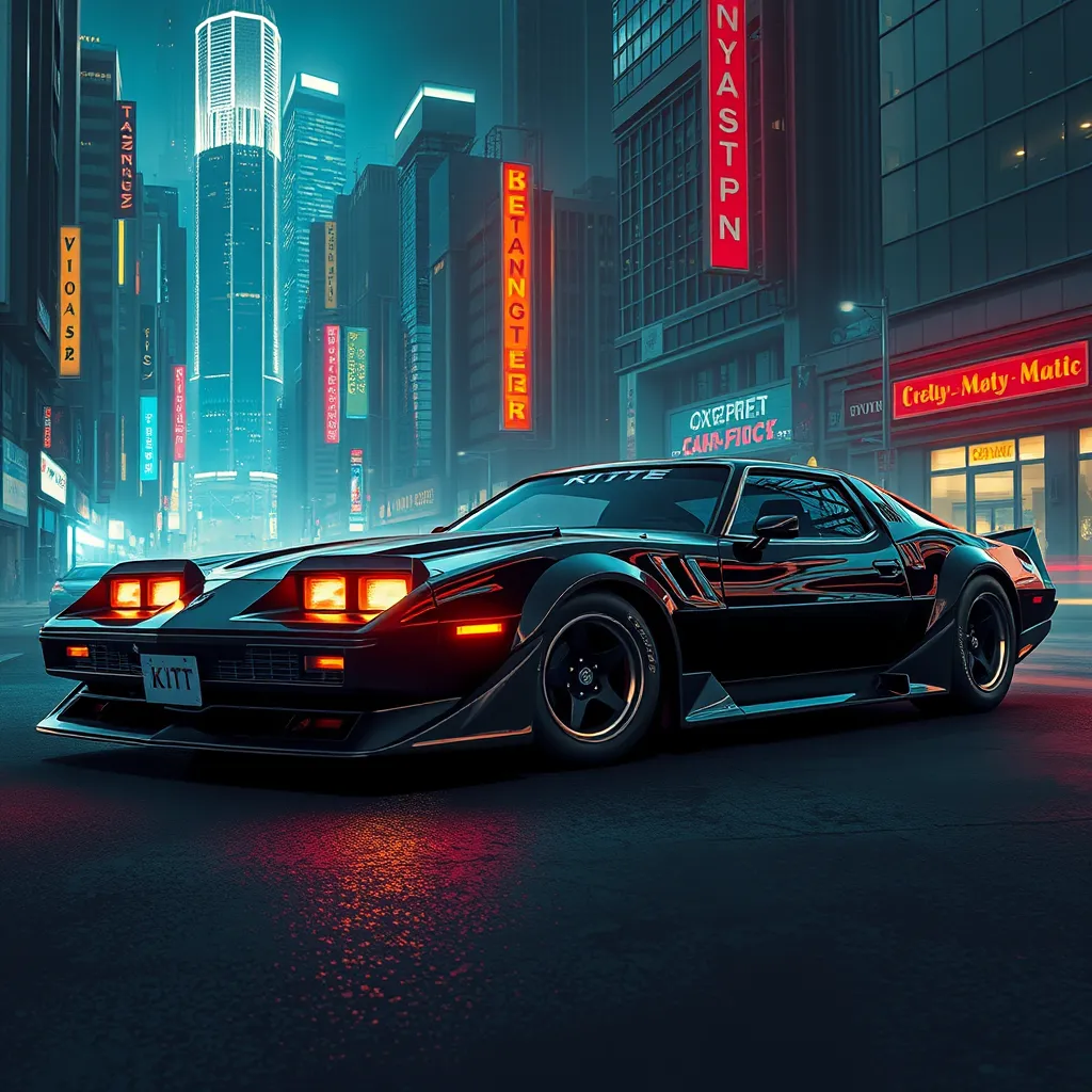 Futuristic KITT from Knight Rider in a cyberpunk city at night, an advanced, artificially intelligent, self-aware, and nearly indestructible car