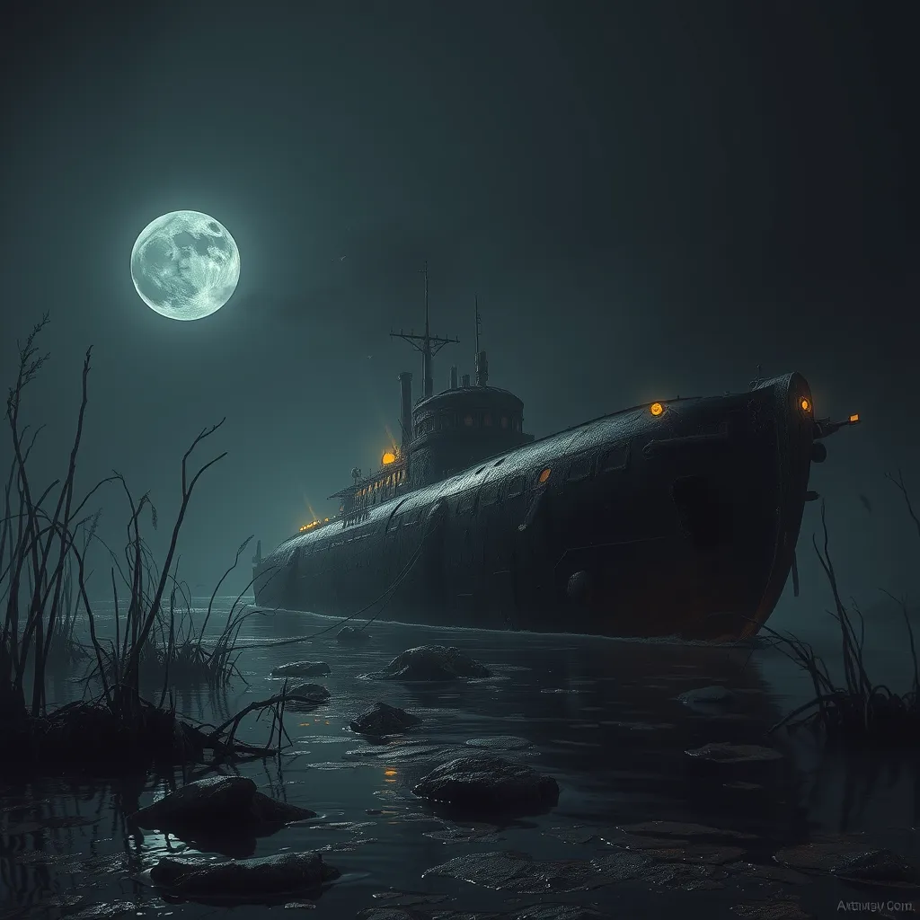 Beached steampunk submarine shipwreck in swamp,  dark atmosphere, night, mijn, highly detailed, digital painting, artstation, concept art, smooth, sharp focus, illustration, art by artgerm and greg rutkowski and alphonse mucha, erte, 8 k