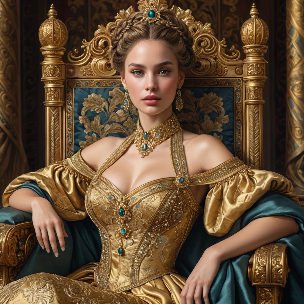 A regal woman with braided updo, wearing an elaborate gown fit for a queen, with gold filigree and rich, deep satin textures, in a grand throne room adorned with tapestries