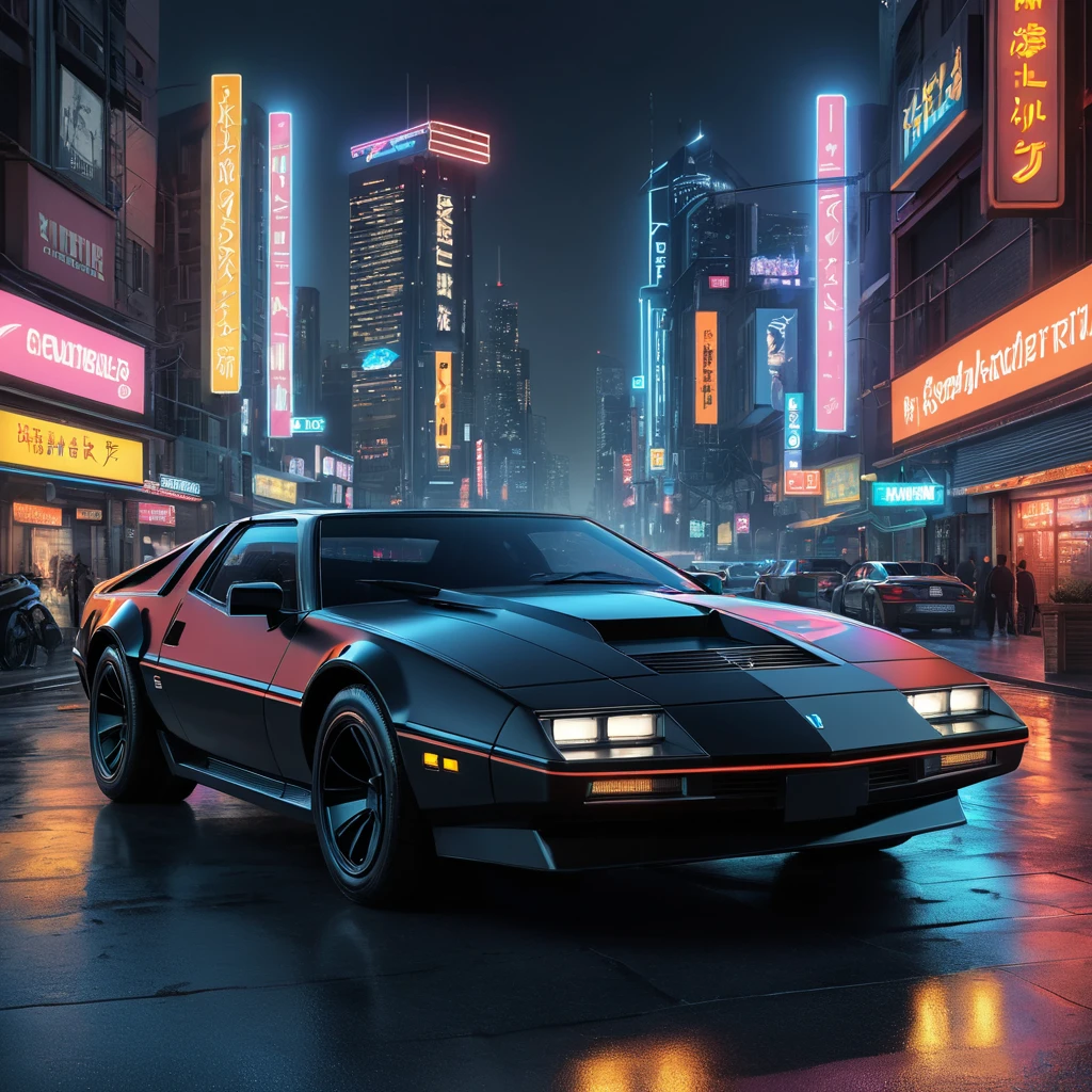 Futuristic KITT from Knight Rider in a cyberpunk city at night, an advanced, artificially intelligent, self-aware, and nearly indestructible car