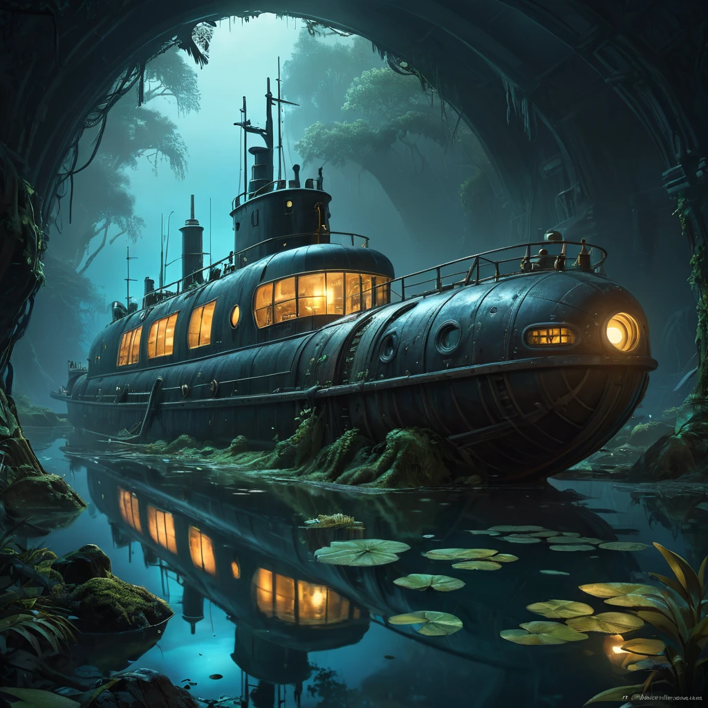 Beached steampunk submarine shipwreck in swamp,  dark atmosphere, night, mijn, highly detailed, digital painting, artstation, concept art, smooth, sharp focus, illustration, art by artgerm and greg rutkowski and alphonse mucha, erte, 8 k