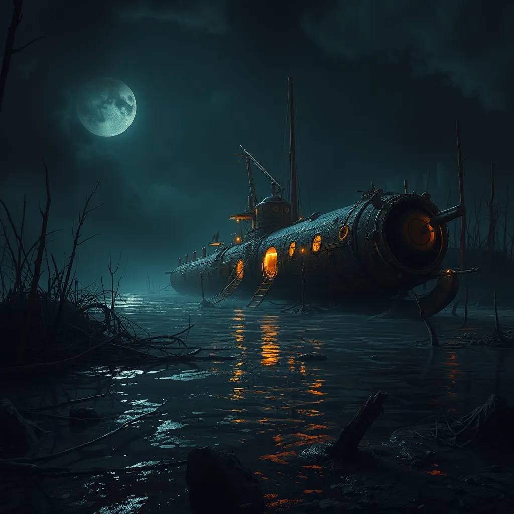 Beached steampunk submarine shipwreck in swamp,  dark atmosphere, night, mijn, highly detailed, digital painting, artstation, concept art, smooth, sharp focus, illustration, art by artgerm and greg rutkowski and alphonse mucha, erte, 8 k