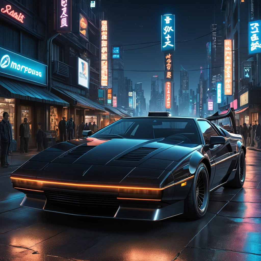 Futuristic KITT from Knight Rider in a cyberpunk city at night, an advanced, artificially intelligent, self-aware, and nearly indestructible car